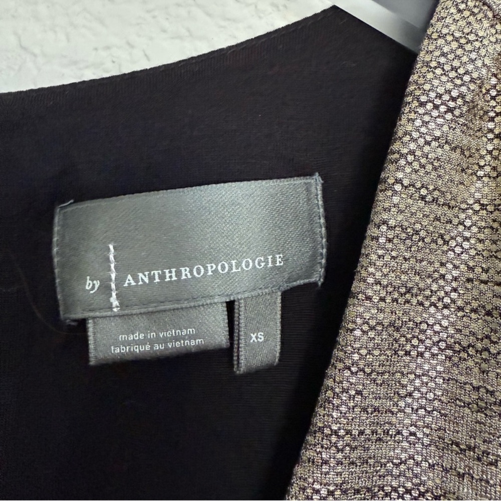 Anthropologie Gold Metallic Faux Wrap Side Ruched Dress - Picture 4 of 8